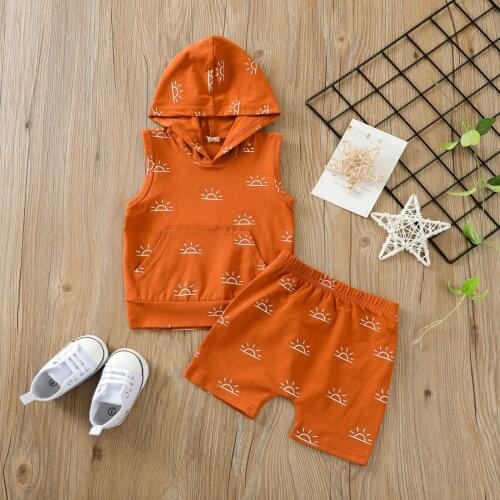 Baby Sun Print Clothes Set Boys Sleeveless Hooded Tops with Pocket + Elastic Waist Short Pants