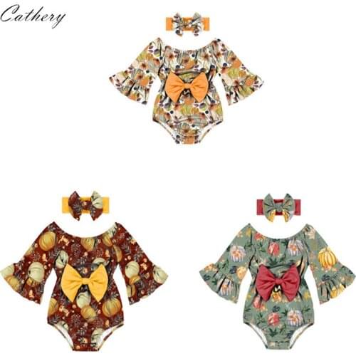 Cathery Baby Girls Halloween Clothes Rompers Outfits Pumpkin Flared Sleeves Romper Bodysuit Bowknot Headband Clothing Set 0-24M