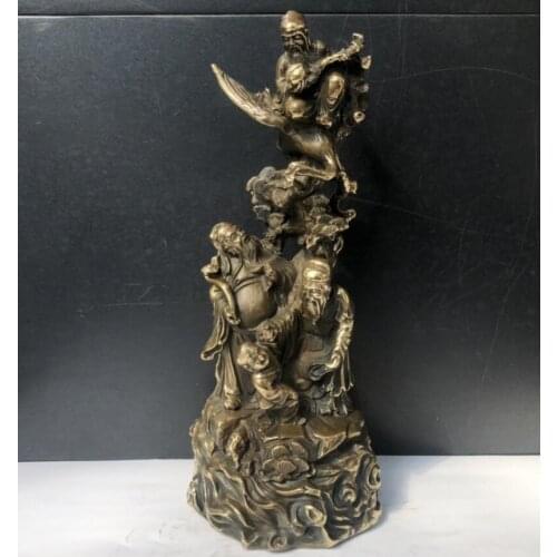 China brass archaize Fu lu shou Pine crane crafts statue