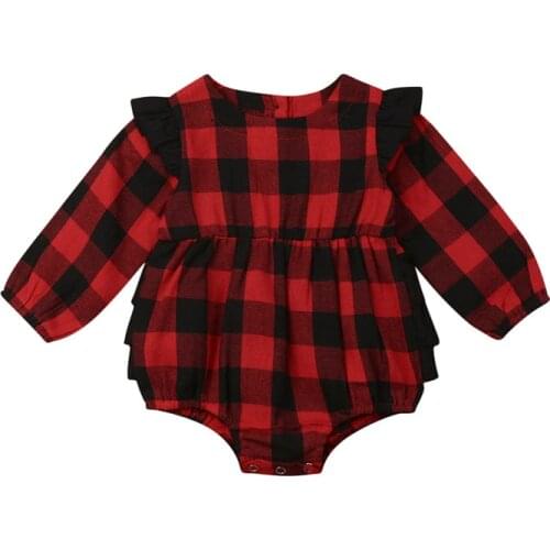 Newborn Baby Kids Girl Red Black Plaid Clothes Long Sleeve Baby Romper Jumpsuit Outfits Babygrows