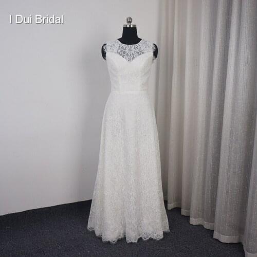 A Line Lace Simple Wedding Dress Round Neck Floor Length Bridal Gown