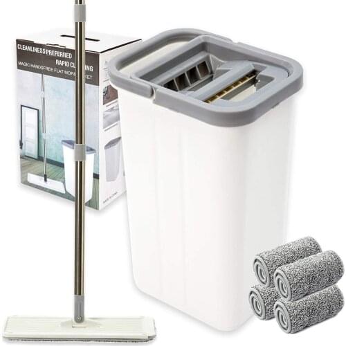 Microfiber Floor Flat Mop and Bucket Set -Flat Squeeze Mop,Cleaning Mop System 4 Washable & Reusable Microfiber Pads Included fo