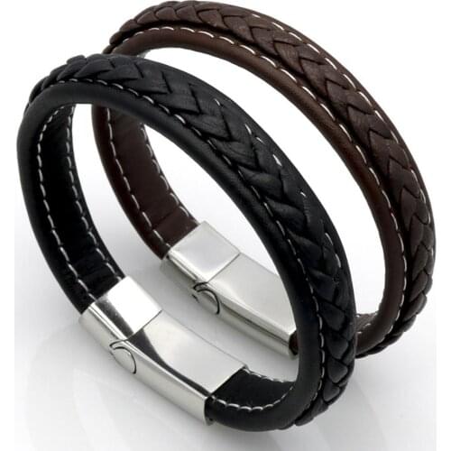 Men Jewelry Classic Black Braided Leather Bracelet for Men Stainless Steel Magnetic Clasp Punk Homme Bangles Gifts