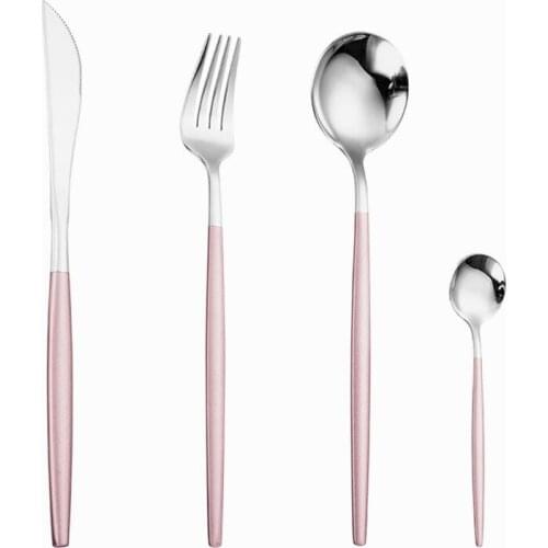 Pink Silver 18/10 Stainless Steel Dinnerware Set Tableware Silverware Cutlery Salad Forks Spoon Knives Set Complete Dinner Set