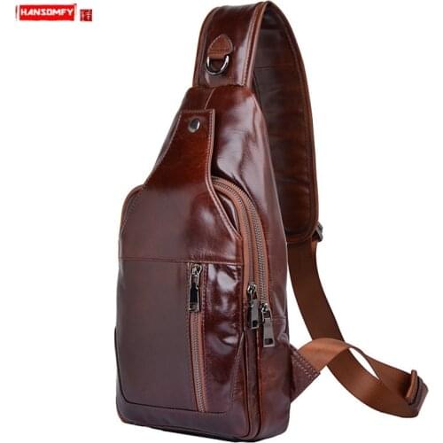 Genuine Leather Mens Chest Bag Men Shoulder Crossbody Bags Oil Wax Head Layer Cowhide European and American Retro Vintage Soft