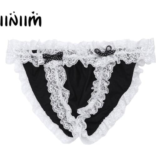 Iiniim Mens Male Lingerie Sexy Panties Jockstraps Bulge Pouch Maid Sissy Lace with Bowknot Bikini Briefs Underwear Underpants