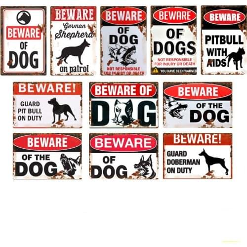 Beware of Dog Warning Vintage Tin Sign Metal Sign Protected Dog Sign Kennel Wall Decor Home Doghouse Decoration