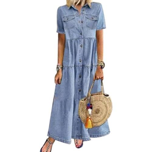 Denim Dress Retro Women Short Sleeve Turn Down Collar Pockets Buttons Long Loose Denim Dress Pockets Casual Dresses Plus size