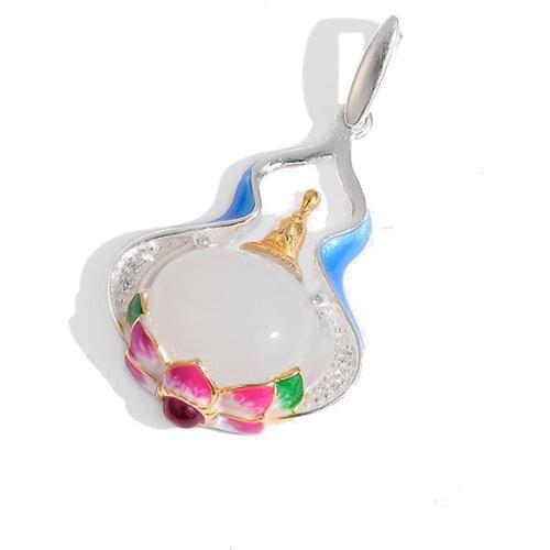 Real s925 silver burnt blue gourd pendant female Chinese retro style lotus and Tian white jade