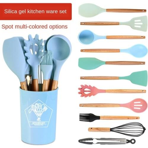 High quality silicone kitchen set household wooden handle kitchen supplies storage barrel 12-piece set cooking tools