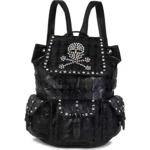 European and American fashion leisure ladies leather backpack personality skull head rivet backpack bag for women