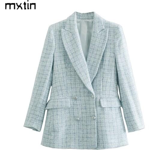 2021 Women Fashion Double Breasted Tweed Blazers and Jackets Work Office Lady Autumn Women Suit Slim Business Female Blazer Coat