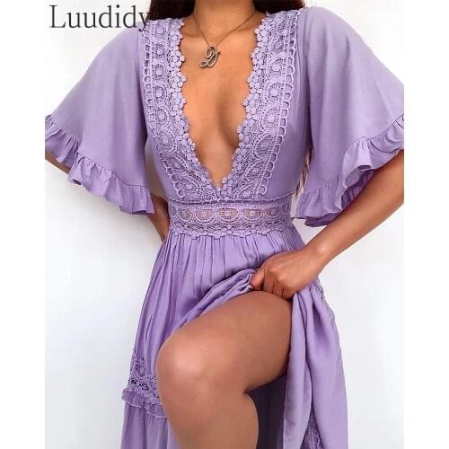 Women Short Sleeve Lace Ruffles Bell Sleeve Dress