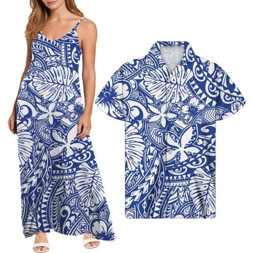 Hycool Women Sleeveless Maxi Beach Slip Dress 2021 Polynesian Print Summer Casual Backless Dresses Match Mens Button Down Shirts