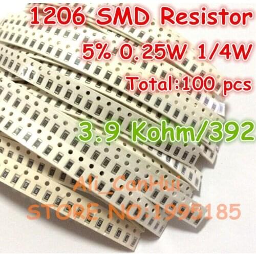100pcs/lot 1206 5% 3.9 Kohm 3.9K 392 1/4W 0.25W SMD Resistor 3.2*1.6mm