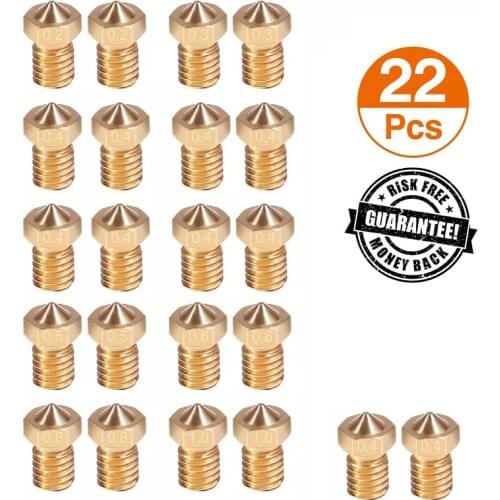22 PCS/lot M6 Threaded Nozzle V6 Brass Nozzle Head Printer Extruder For 1.75MM E 3D HotEnd Printer Accessorie