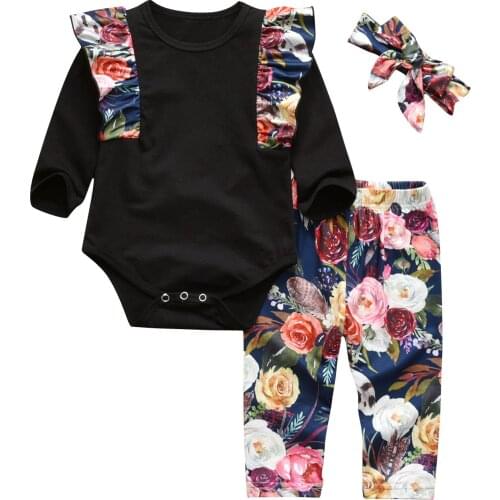 3PCS New Baby Girls Toddler Outfits Ruffle Cotton Long Sleeve Bodysuits Floral Pants+Headband Infant Toddler Clothes Set