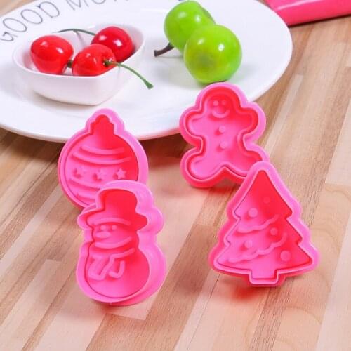 4pcs/set Christmas Tree Snowman Plastic Spring Stamper Fondant Pastry Biscuit Cookie Molding Press Cake Decorating Tools MX56