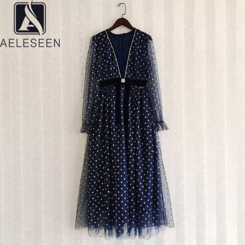 AELESEEN Designer Fashion Dots Dress Autumn New V-Neck Luxury Beading Pearls Embroidery Mesh Long Elegant Party Dress