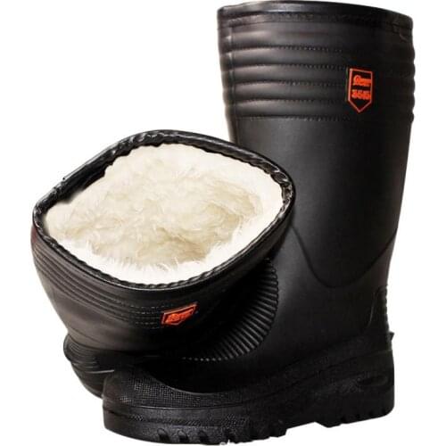 Black High Fishing Boots Men Water Shoes Rain Boots with Fur Winter High Boot Cotton Padded Boots Waterproof