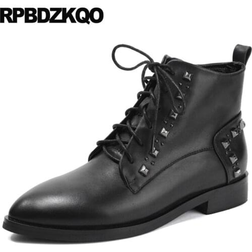 Front Lace Up Casual Ankle Boots Autumn British Winter Black Shoes Genuine Leather Stud Real Rivet Pointed Toe Booties Flat