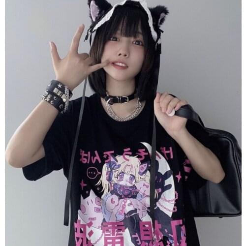 Japanese Summer Gothic T-shirts Female Tees Loose Women T-shirt Punk Dark Grunge Streetwear Ladies cotton Tops Harajuku Clothes
