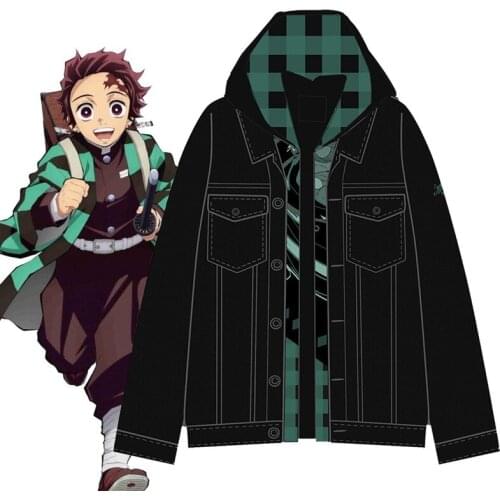Anime Demon Slayer Kimetsu no Yaiba Kamado Tanjirou Cosplay Hoodie Spring Autumn Denim Jacket False Two Coat Hooded Sweatshirt