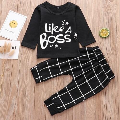 Fashion Newborn Baby Boy Clothes Autumn Long Sleeved Like A Boss Letter T-shirt Casual Stripes Pants 2Pcs Infant Clothing Sets