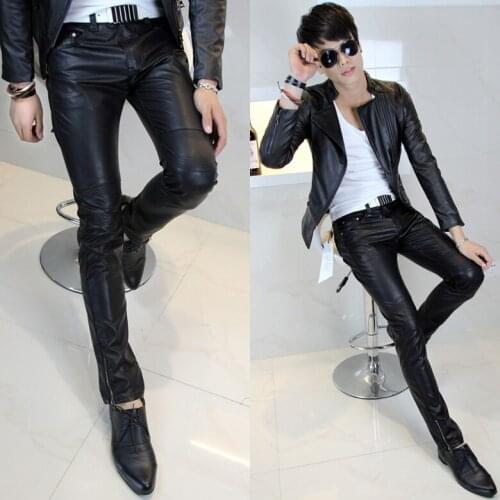 New Free Shipping Mens Brand Slim Autumn Winter Clothing Tidal Current Black Tight Fitting Leather Pants Trousers / 28-34