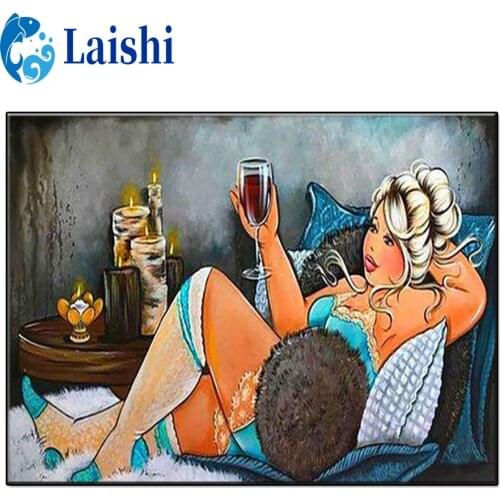 Full circle diamond painting Fat lady lying on sofa drinking wine handmade diamond embroidery mosaic art kit home decoration
