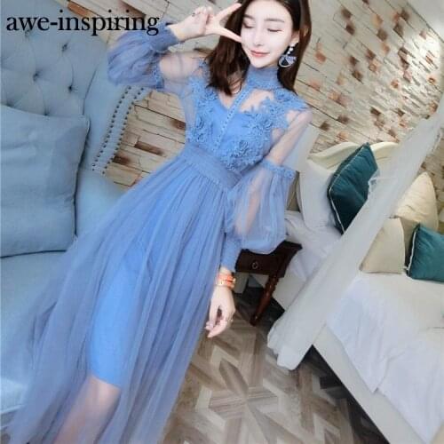 Awe-inspiring Lace Flower Dress Lantern Sleeve Vintage Retro Hook Princess Dress Set Fairy Korean Women Floral Tulle Long Dress