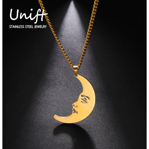 Unift Stainless Steel Fashion Cartoon Moon Necklace for Women Men Crescent Pendant Anime Moon with Face Trendy Jewelry Friend