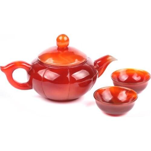 High quality red Chalcedony Agate Tea Sets Set natural jade marrow hand-carved tea set crafts gift Set free shipping