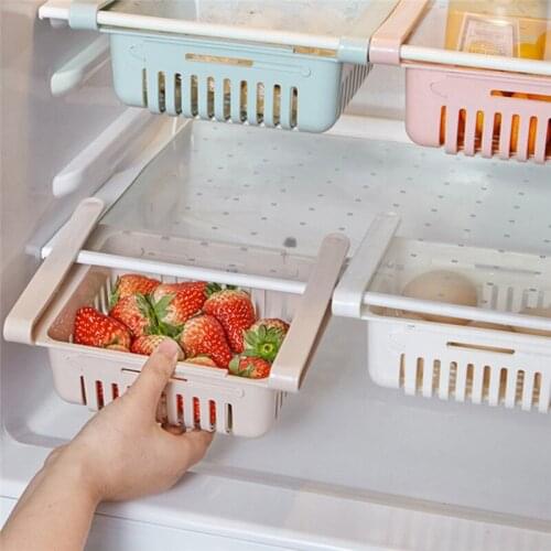 Kitchen Refrigerator Drawer Storage Box Adjustable Plastic Refrigerator Freezer Shelf Rack Pull-Out Storage Boxes