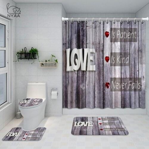 NYAA Happy Valentines Day Shower Curtains Bathroom Curtain Red Love Heart Bath Sets Toilet Cover Mat Non-Slip Washroom Rug Set