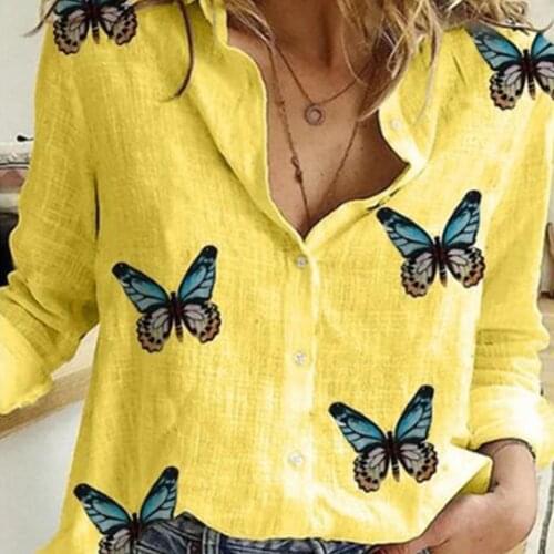 Women Casual Long Sleeve Butterflies Print Single-breasted Office Shirt Blouse womens shirt womens blouse fashion women blouse