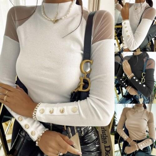 Womens Ribbed Mesh Long Sleeve High Neck Tops T-Shirts Casual Slim Fit Pullover