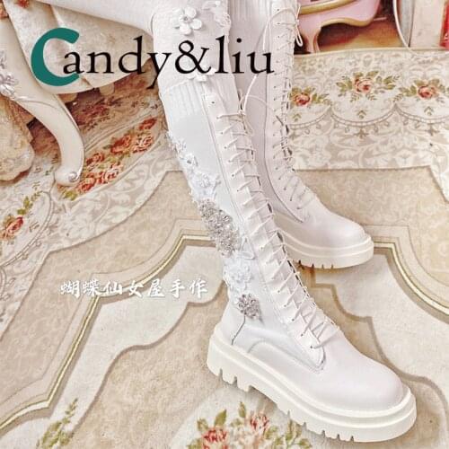 Womens Boots High-set White Ribbon Long Boots Thick Stretch Knitted High Boot Knights Boots Water Drilling Lace