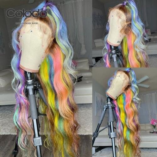 Rainbow Color Lace Front Human Hair Wigs With Baby Hair Pre Plucked Loose Wave Lace Front Wig for Women COLODO