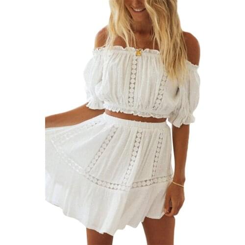 Womens Sexy Solid Color Casual Off-shoulder Tops and Short Skirt Suit High Waist Bare Midriff Two-pieces Set for Summer