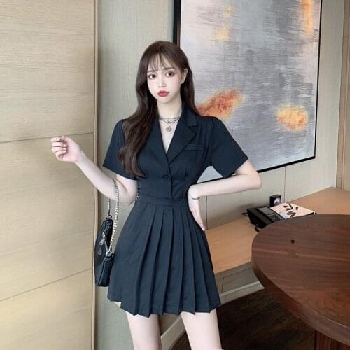 Temperament Suit Short Sleeve Turn-down Collar Dress 2020 Womens Black Runway Short Sleeve White Pleated Dress With Belt
