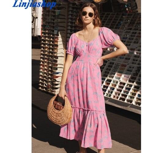 Summer Women Floral Print Pink Holiday Long Party Dresses Elegant Ladies Sexy V Neck Short Sleeve A-line Slim Midi Dress