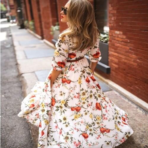 Women Chiffon Dress O-neck Print Three Quarter Sleeves Ruffled Womens Long Dresses 2021 Spring And Summer Fashion Vestidos