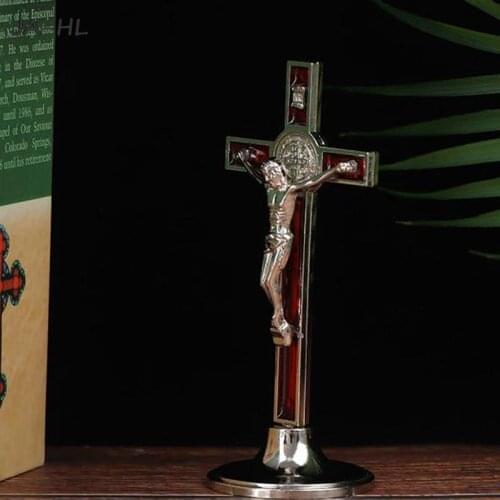 1pcs Cross Crucifix Stand Alloy Christ Catholic Jesus Statue Figurine Religious Prayer Church Decoration Car Home Chapel Decor