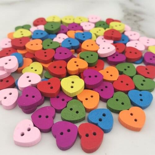 100 Pcs/Pack) Heart-shaped 2 Holes Mixed Colors Wood Buttons For Craft Sewing Scrapbook Handwork DIY Dress Home Decoration