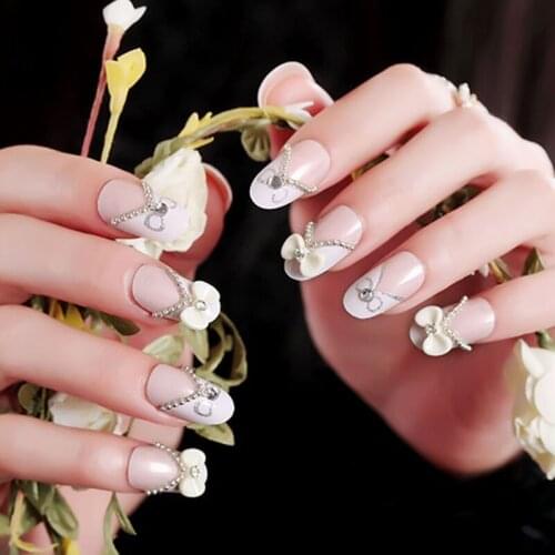 24Pcs Nude Bow Wear Long Paragraph Fashion Manicure Patch False Nails Fully Covered Nail Decoration DIY Manicure Nail Art Tools