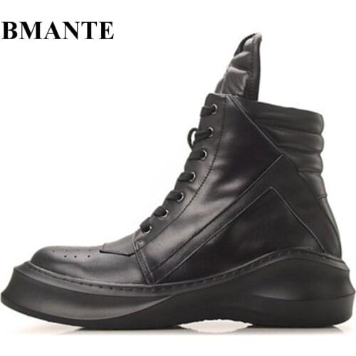 Bmante Men Snow Boots With Fur Genuine Leather Thick Bottom Platform Sneaker Trainers Zipper Lace-up Male Adult Ankle Shoes
