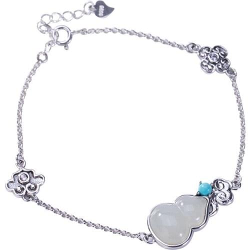 Baifuming s925 sterling silver Hetian jade turquoise bracelet vintage Xiangyun gourd Clover ladies bracelet