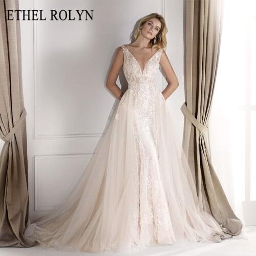 ETHEL ROLYN Sexy Backless Detachable Train Mermaid Wedding Dresses 2021 Romantic Lace Appliques Wedding Gowns Vestido De Noiva