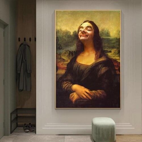 Humor Funny Print Mona Lisa and Mr. Bean Canvas Painting Posters and Prints Wall Art Picture for Living Room Home Decor Unframed